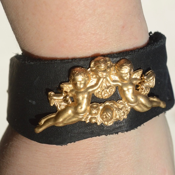 Conceptual Subculture Jewelry - Baroque Cherub Black Real Leather Cuff Bracelet